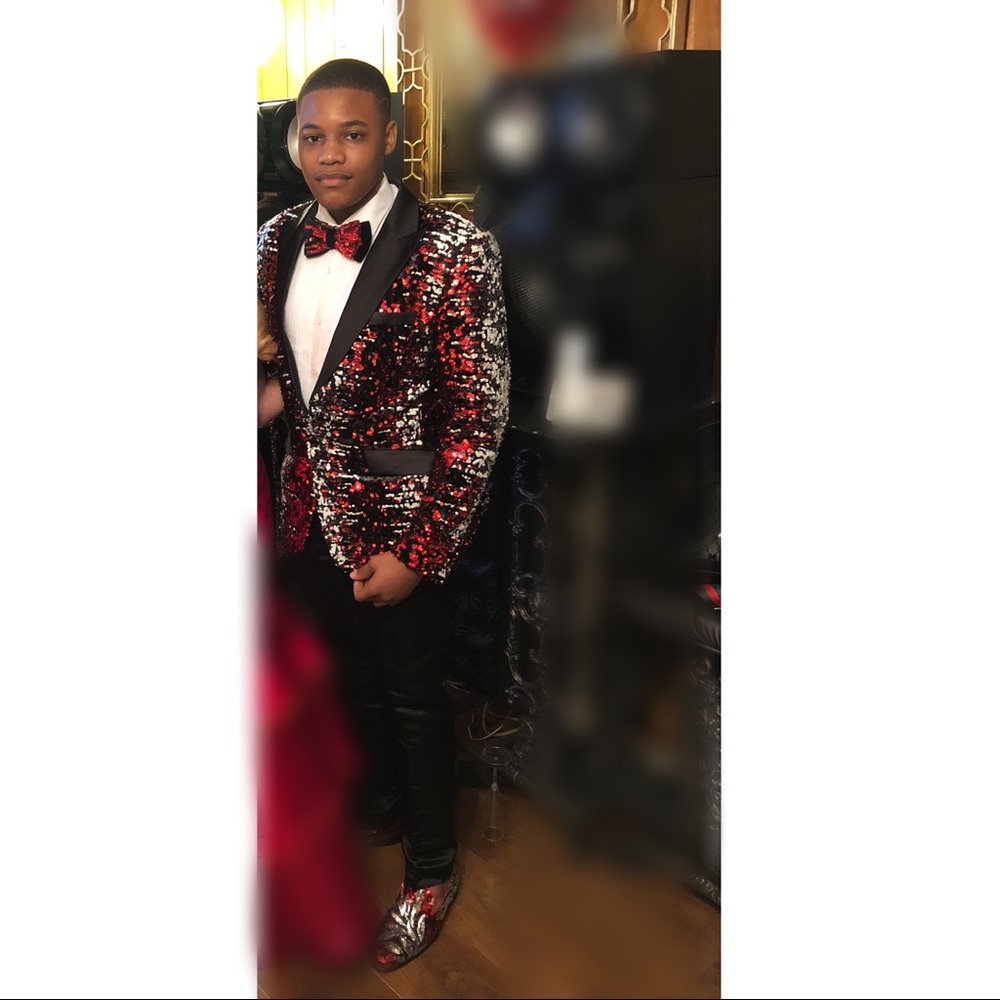 Red/Black/White Sequin Prom Outfit.